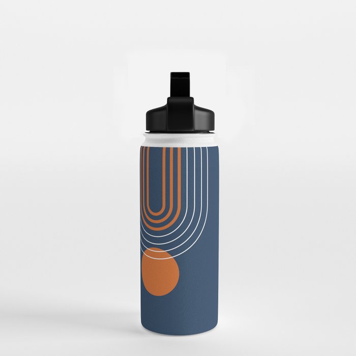 Mid Century Modern Geometric 111 in Navy Blue and Vintage Orange (Rainbow and Sun Abstraction) Water Bottle Gallery Image 2