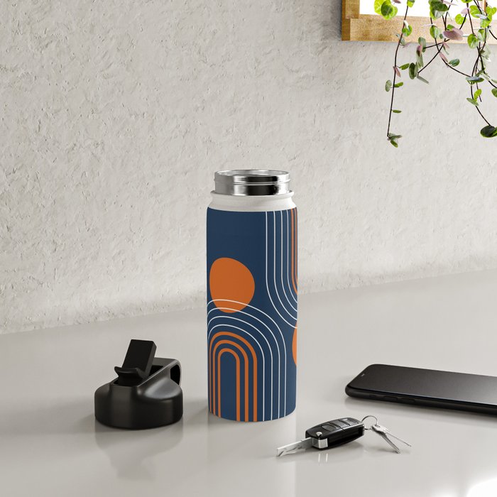 Mid Century Modern Geometric 111 in Navy Blue and Vintage Orange (Rainbow and Sun Abstraction) Water Bottle Gallery Image 4