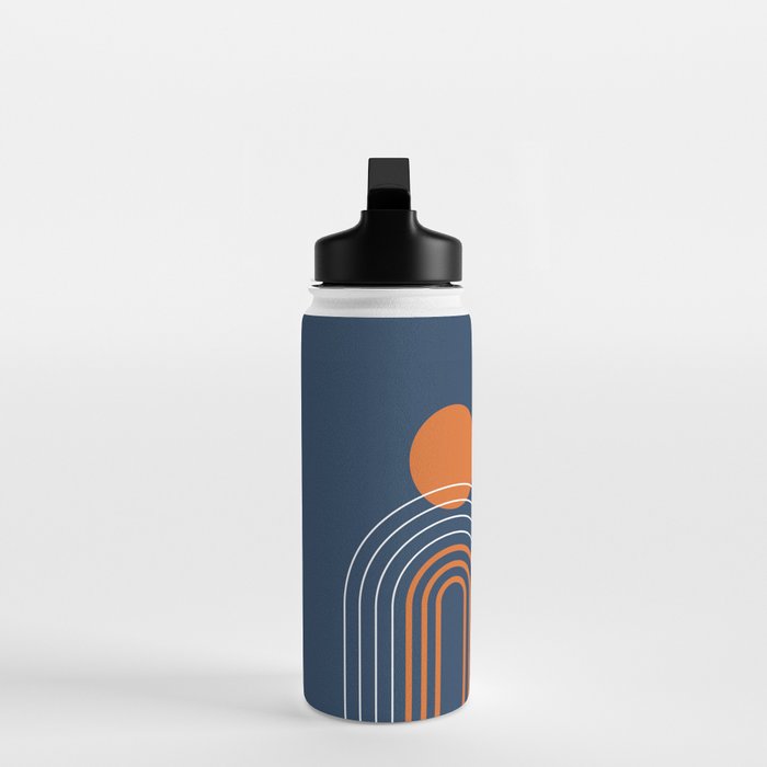 Mid Century Modern Geometric 111 in Navy Blue and Vintage Orange (Rainbow and Sun Abstraction) Water Bottle Gallery Image 3