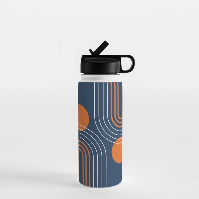 Mid Century Modern Geometric 111 in Navy Blue and Vintage Orange (Rainbow and Sun Abstraction) Water Bottle Gallery Image 1