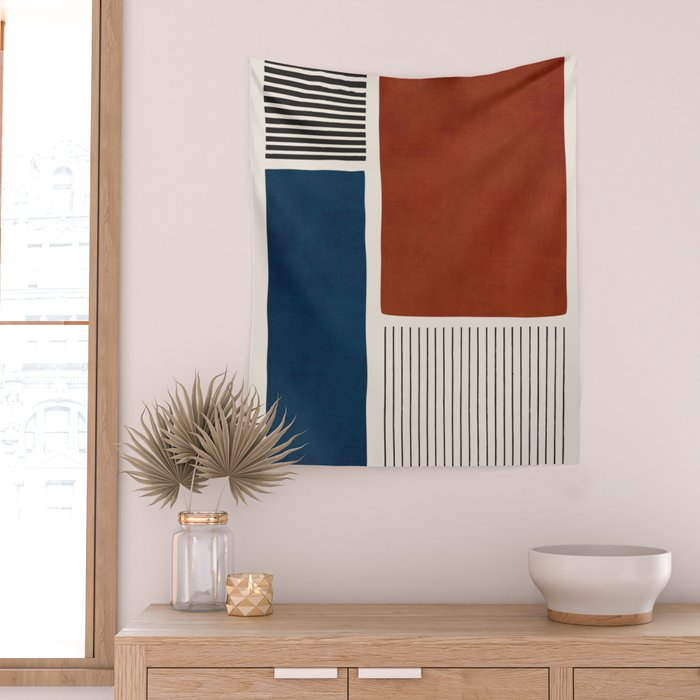 Red Rust Navy Blue Black Lines Wall Tapestry Gallery Image 2