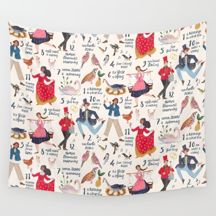 The 12 days of Christmas song illustration Wall Tapestry Gallery Image 4