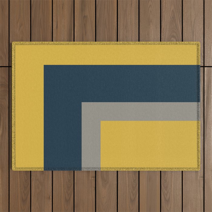 Half Frame 2 Minimalist Pattern in Deep Mustard Yellow, Navy Blue, and Gray Outdoor Rug Gallery Image 1