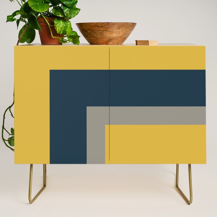 Half Frame 2 Minimalist Pattern in Deep Mustard Yellow, Navy Blue, and Gray Credenza Gallery Image 1