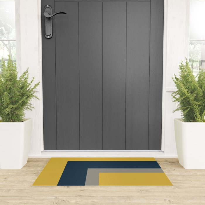 Half Frame 2 Minimalist Pattern in Deep Mustard Yellow, Navy Blue, and Gray Welcome Mat Gallery Image 3