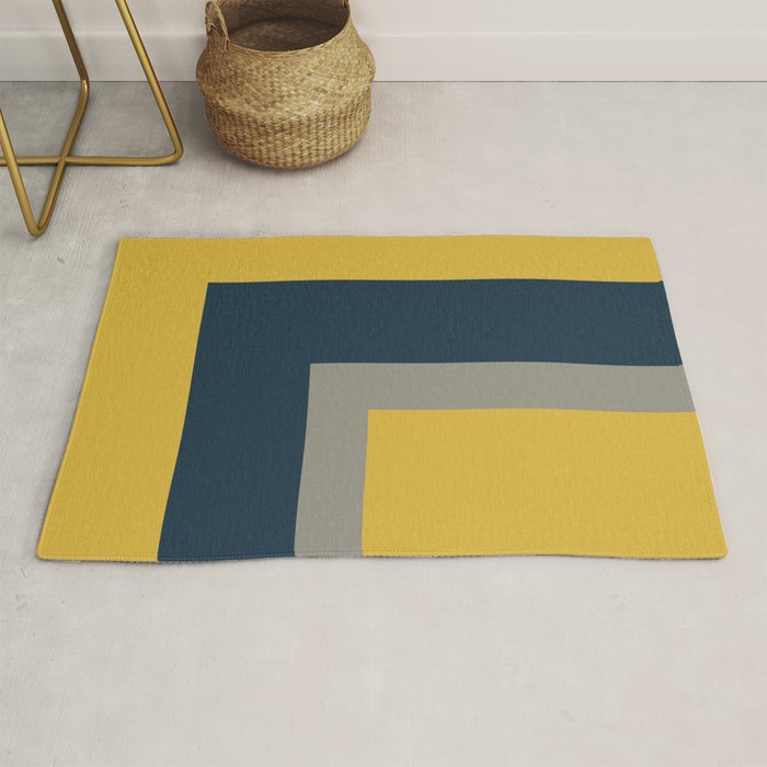 Half Frame 2 Minimalist Pattern in Deep Mustard Yellow, Navy Blue, and Gray Rug Gallery Image 1