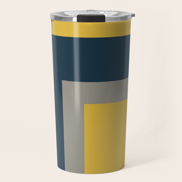 Half Frame 2 Minimalist Pattern in Deep Mustard Yellow, Navy Blue, and Gray Travel Mug Gallery Image 1