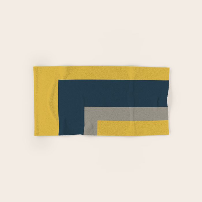 Half Frame 2 Minimalist Pattern in Deep Mustard Yellow, Navy Blue, and Gray Bath Towel Gallery Image 1