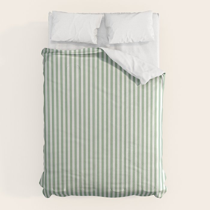 Fern Green and White Micro Vertical Vintage English Country Cottage Ticking Stripe Comforter Gallery Image 1