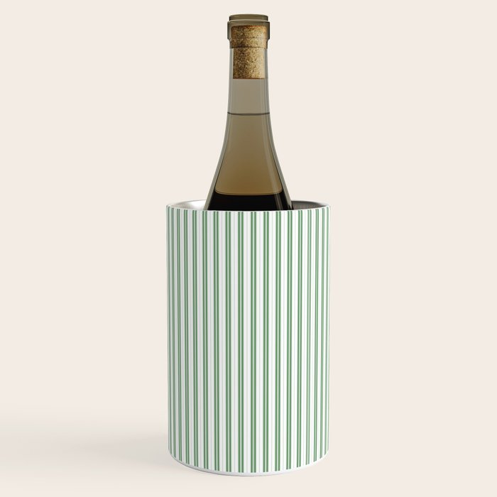Fern Green and White Micro Vertical Vintage English Country Cottage Ticking Stripe Wine Chiller Gallery Image 1