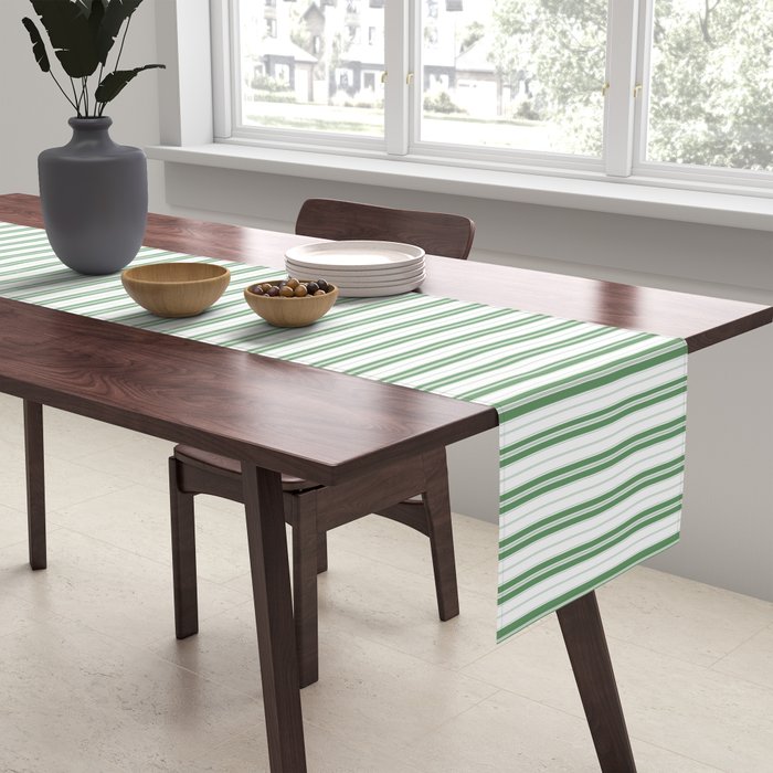 Fern Green and White Micro Vertical Vintage English Country Cottage Ticking Stripe Table Runner Gallery Image 2