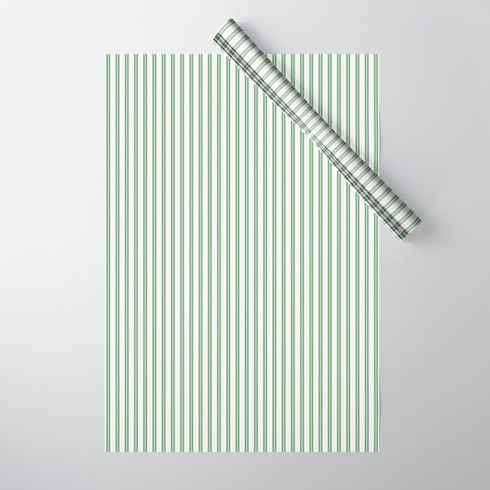 Fern Green and White Micro Vertical Vintage English Country Cottage Ticking Stripe Wrapping Paper Gallery Image 1