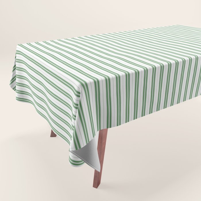 Fern Green and White Micro Vertical Vintage English Country Cottage Ticking Stripe Tablecloth Gallery Image 1