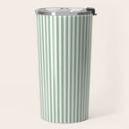 Fern Green and White Micro Vertical Vintage English Country Cottage Ticking Stripe Travel Mug Gallery Image 2