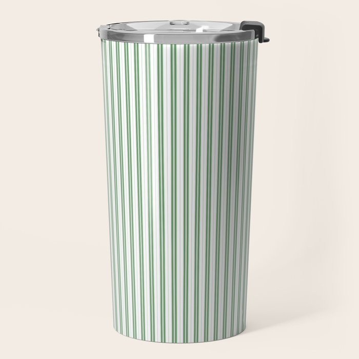 Fern Green and White Micro Vertical Vintage English Country Cottage Ticking Stripe Travel Mug Gallery Image 2