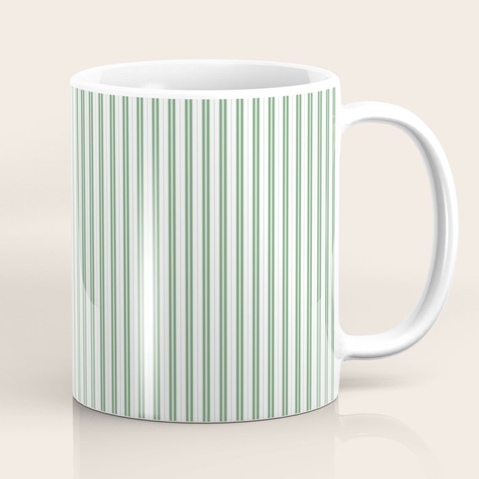Fern Green and White Micro Vertical Vintage English Country Cottage Ticking Stripe Coffee Mug Gallery Image 1