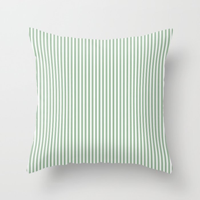 Fern Green and White Micro Vertical Vintage English Country Cottage Ticking Stripe Throw Pillow Gallery Image 1