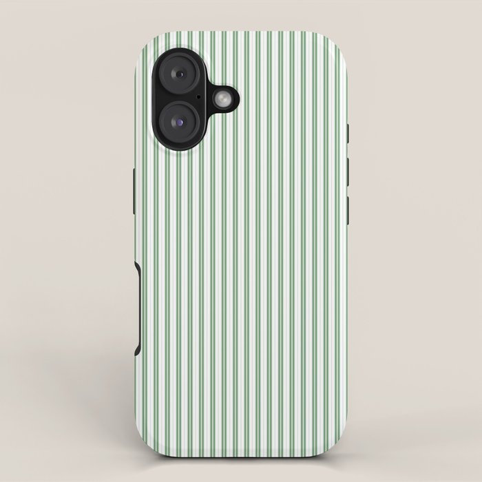 Fern Green and White Micro Vertical Vintage English Country Cottage Ticking Stripe iPhone Case Gallery Image 1