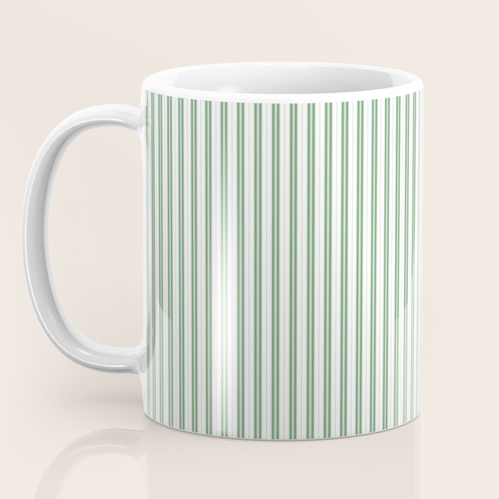 Fern Green and White Micro Vertical Vintage English Country Cottage Ticking Stripe Coffee Mug Gallery Image 3
