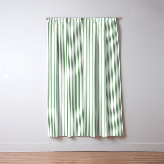 Fern Green and White Micro Vertical Vintage English Country Cottage Ticking Stripe Window Curtain Gallery Image 3