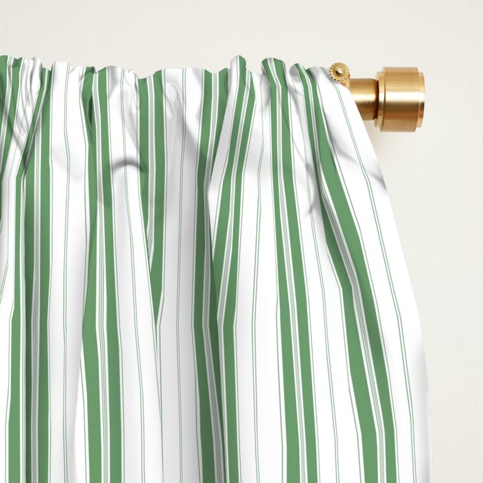 Fern Green and White Micro Vertical Vintage English Country Cottage Ticking Stripe Window Curtain Gallery Image 2