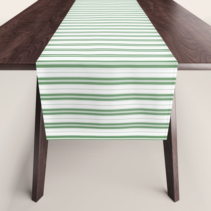Fern Green and White Micro Vertical Vintage English Country Cottage Ticking Stripe Table Runner Gallery Image 1