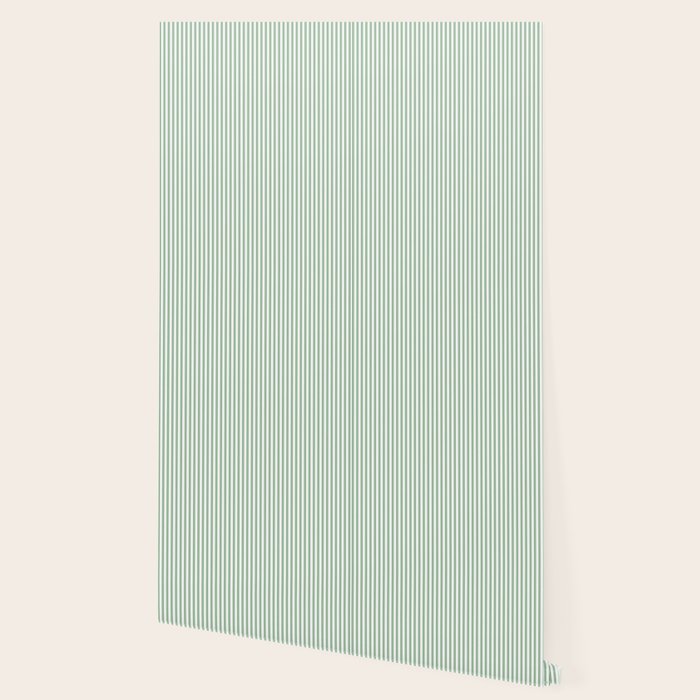 Fern Green and White Micro Vertical Vintage English Country Cottage Ticking Stripe Wallpaper Gallery Image 2