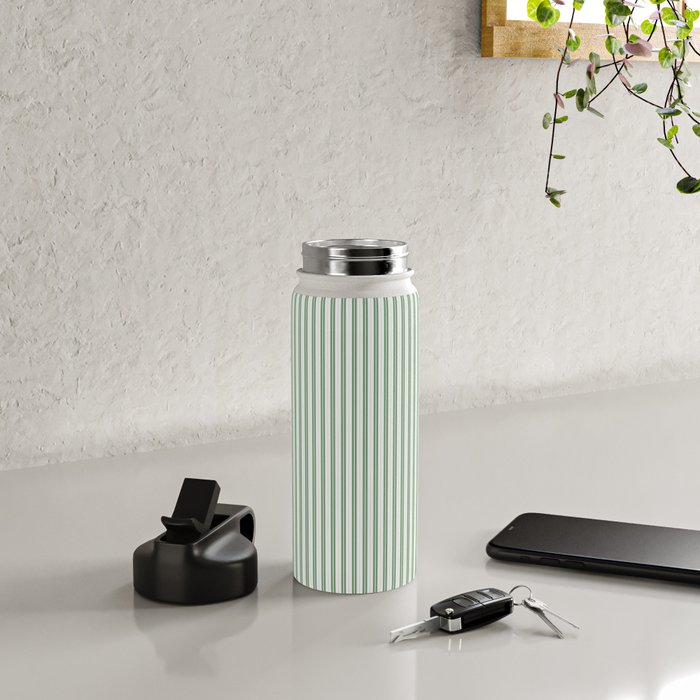 Fern Green and White Micro Vertical Vintage English Country Cottage Ticking Stripe Water Bottle Gallery Image 4