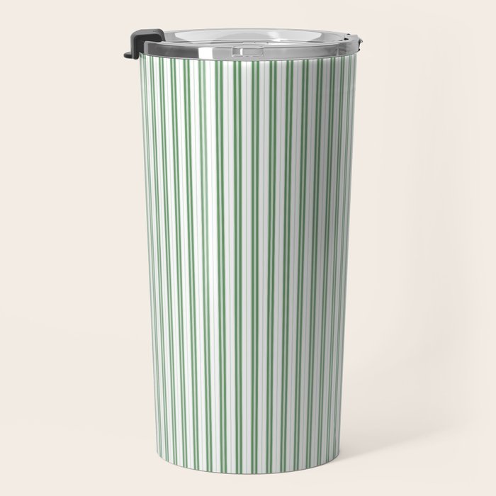 Fern Green and White Micro Vertical Vintage English Country Cottage Ticking Stripe Travel Mug Gallery Image 3
