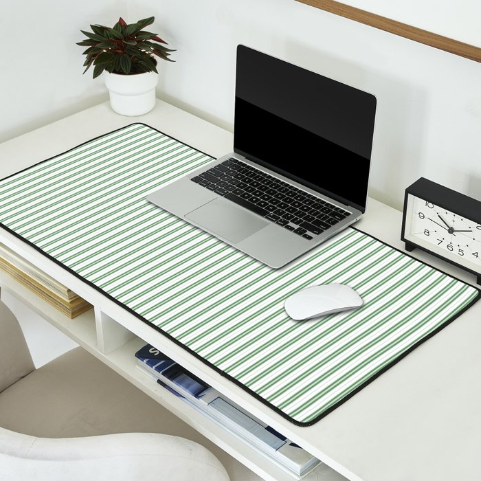 Fern Green and White Micro Vertical Vintage English Country Cottage Ticking Stripe Desk Mat Gallery Image 2