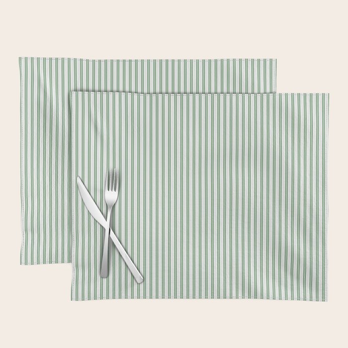 Fern Green and White Micro Vertical Vintage English Country Cottage Ticking Stripe Placemat Gallery Image 1