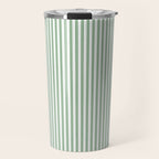 Fern Green and White Micro Vertical Vintage English Country Cottage Ticking Stripe Travel Mug Gallery Image 1