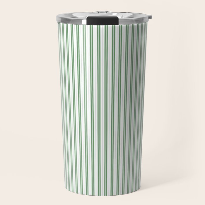 Fern Green and White Micro Vertical Vintage English Country Cottage Ticking Stripe Travel Mug Gallery Image 1