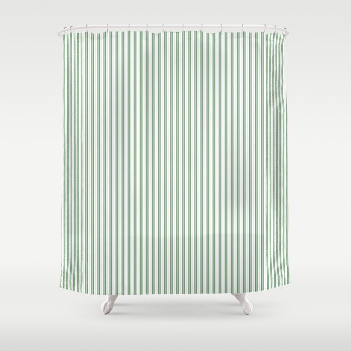 Fern Green and White Micro Vertical Vintage English Country Cottage Ticking Stripe Shower Curtain Gallery Image 1
