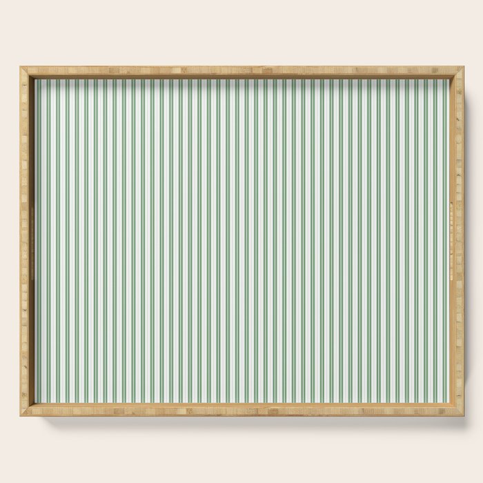 Fern Green and White Micro Vertical Vintage English Country Cottage Ticking Stripe Serving Tray Gallery Image 1