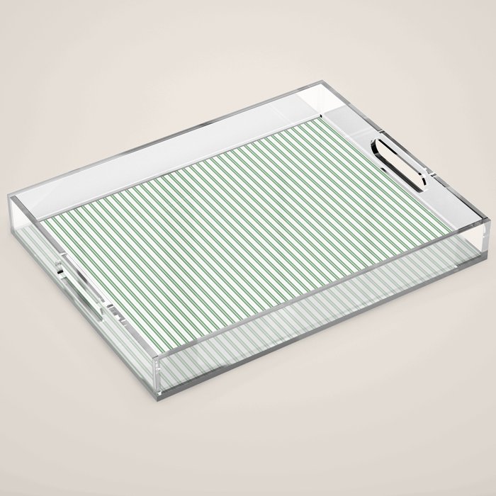 Fern Green and White Micro Vertical Vintage English Country Cottage Ticking Stripe Acrylic Tray Gallery Image 1