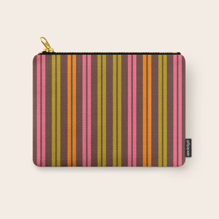 Eclectic Double Stripe Vertical Retro Modern Pattern in Brown Lime Pink Orange Carry All Pouch Gallery Image 1