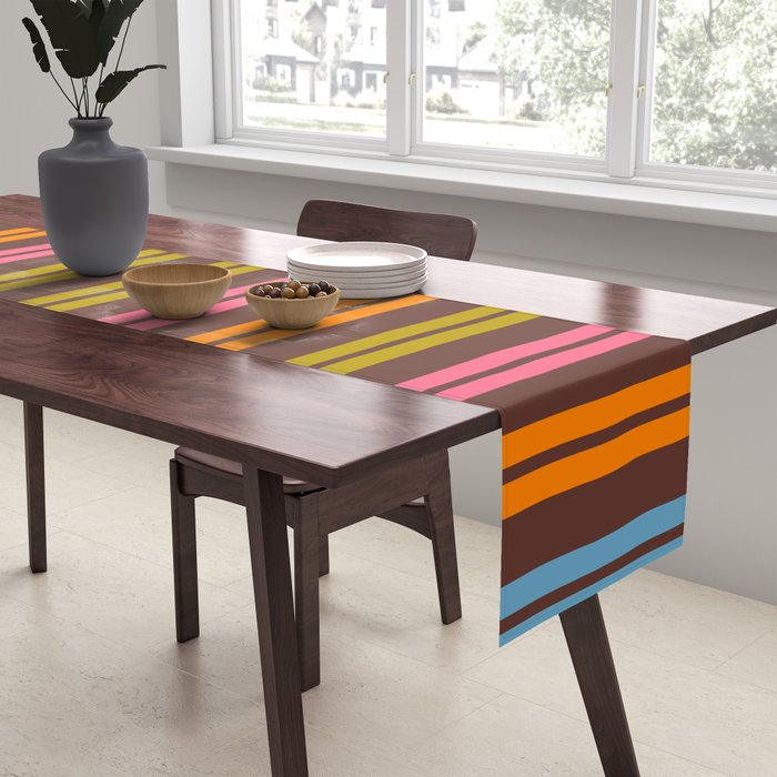 Eclectic Double Stripe Vertical Retro Modern Pattern in Brown Lime Pink Orange Table Runner Gallery Image 2