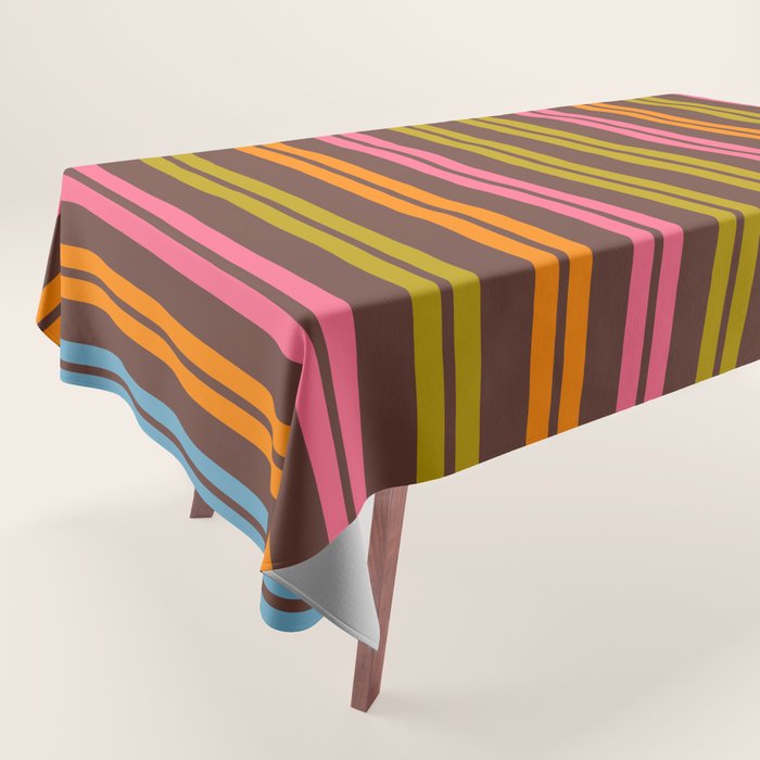 Eclectic Double Stripe Vertical Retro Modern Pattern in Brown Lime Pink Orange Tablecloth Gallery Image 1