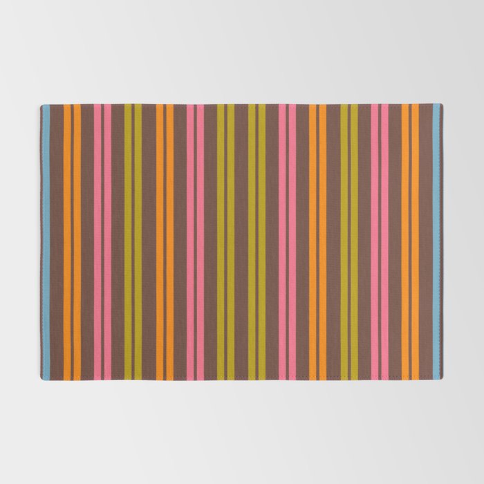 Eclectic Double Stripe Vertical Retro Modern Pattern in Brown Lime Pink Orange Rug Gallery Image 2