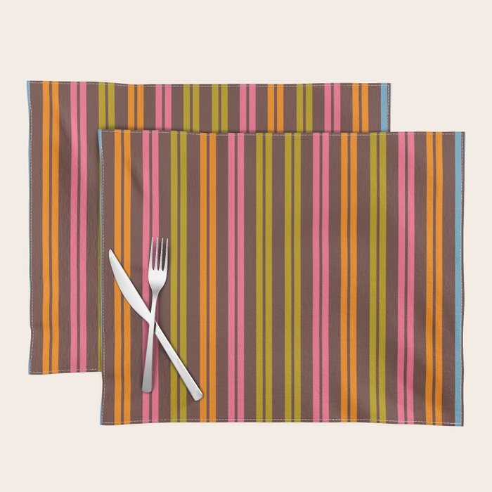 Eclectic Double Stripe Vertical Retro Modern Pattern in Brown Lime Pink Orange Placemat Gallery Image 1