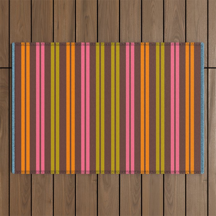 Eclectic Double Stripe Vertical Retro Modern Pattern in Brown Lime Pink Orange Outdoor Rug Gallery Image 1