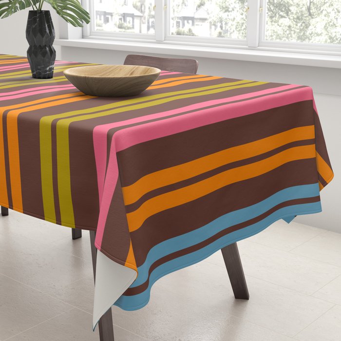 Eclectic Double Stripe Vertical Retro Modern Pattern in Brown Lime Pink Orange Tablecloth Gallery Image 3