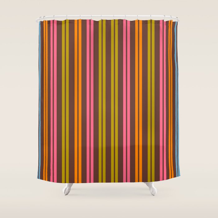 Eclectic Double Stripe Vertical Retro Modern Pattern in Brown Lime Pink Orange Shower Curtain Gallery Image 1