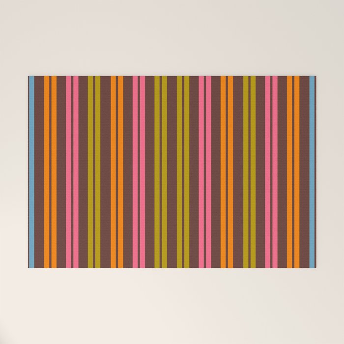 Eclectic Double Stripe Vertical Retro Modern Pattern in Brown Lime Pink Orange Welcome Mat Gallery Image 1