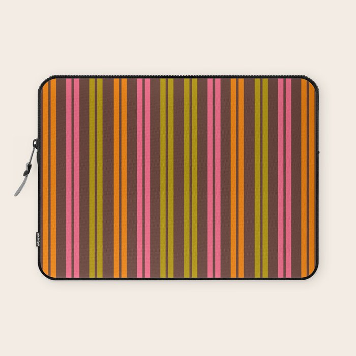 Eclectic Double Stripe Vertical Retro Modern Pattern in Brown Lime Pink Orange Laptop Sleeve Gallery Image 1