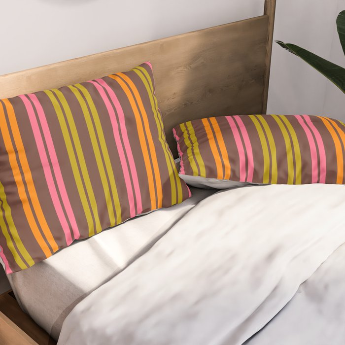 Eclectic Double Stripe Vertical Retro Modern Pattern in Brown Lime Pink Orange Pillow Sham Gallery Image 2