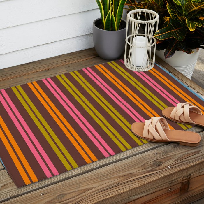 Eclectic Double Stripe Vertical Retro Modern Pattern in Brown Lime Pink Orange Outdoor Rug Gallery Image 2