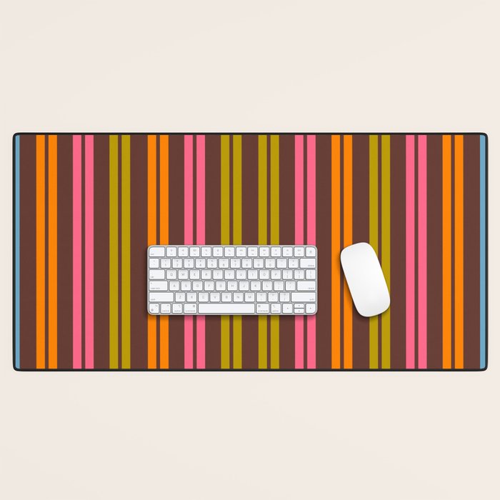 Eclectic Double Stripe Vertical Retro Modern Pattern in Brown Lime Pink Orange Desk Mat Gallery Image 1
