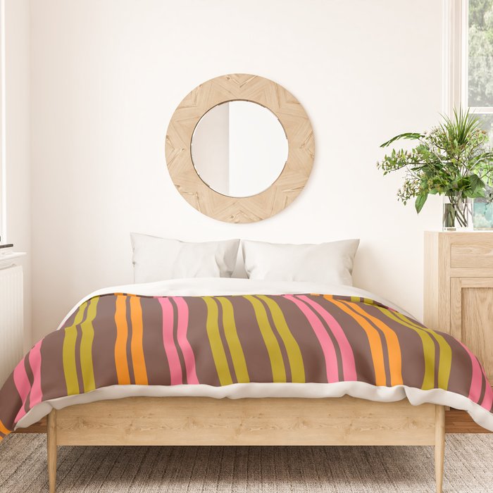 Eclectic Double Stripe Vertical Retro Modern Pattern in Brown Lime Pink Orange Duvet Cover Gallery Image 3